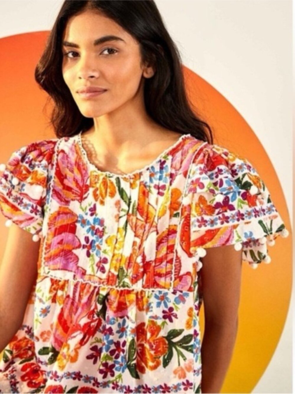 FARM Rio Floral Peasant Blouse with Pom Pom Trim Womens Size XS